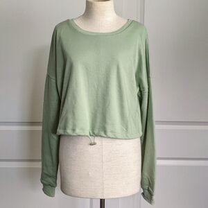 Morrisday Pullover Top Cropped Cinched Drawstring Hem Long Sleeve Sage L NWT